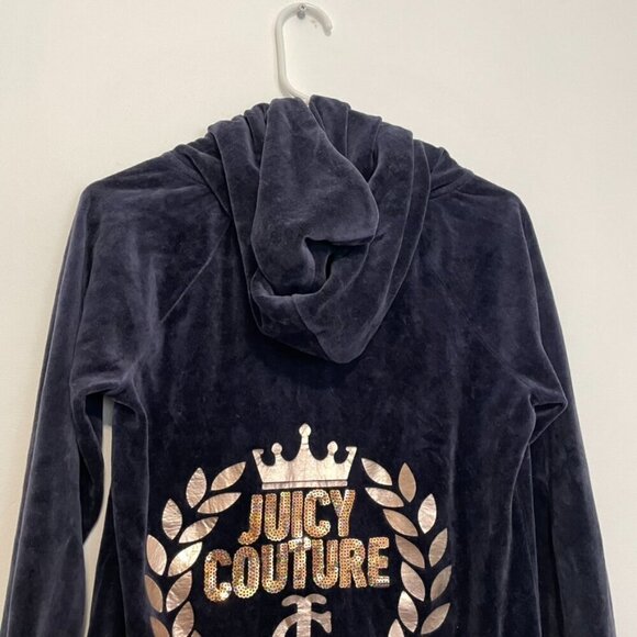 JUICY COUTURE Embellished Velour Hoodie Jacket Navy Blue w/ Back Sequin Logo Y2K - Picture 10 of 14
